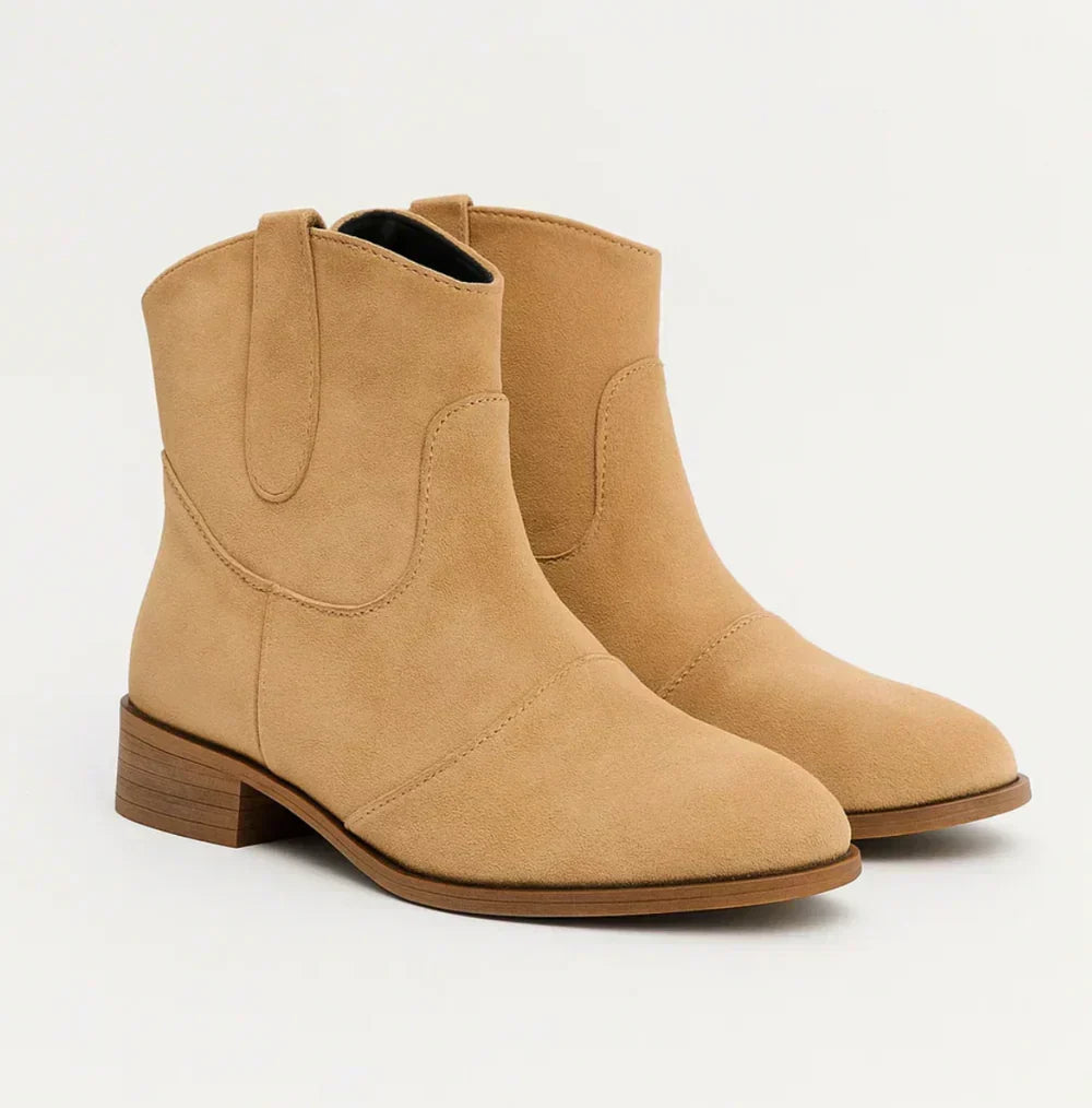 Suedellea Western ankle boots in camel, angled pair view