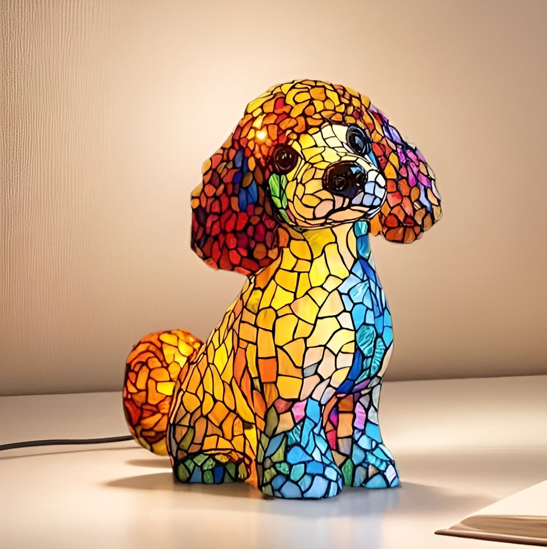 Cosy ambient lamp shaped as a multicoloured mosaic puppy, lit on a table