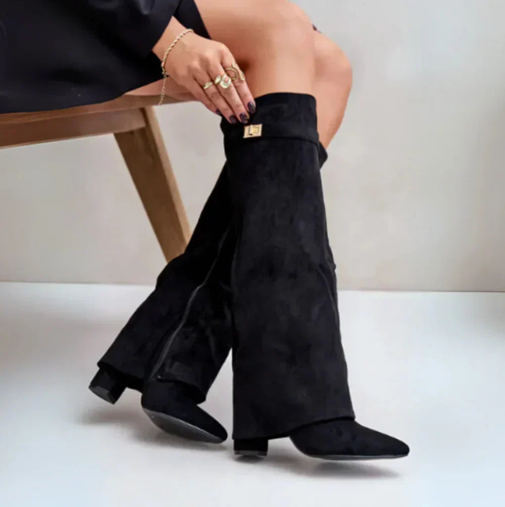 Suedora high suede boots in black, worn seated view