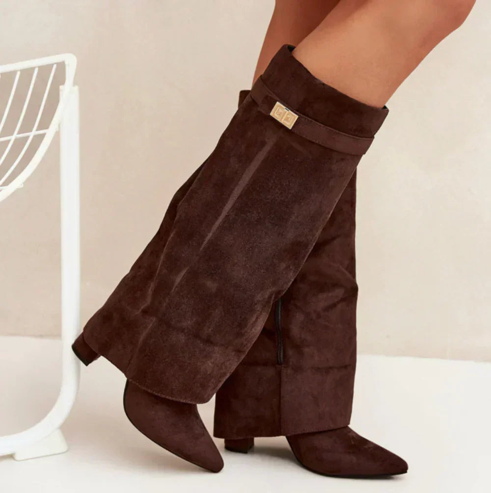 Suedora high suede boots in brown, worn side view
