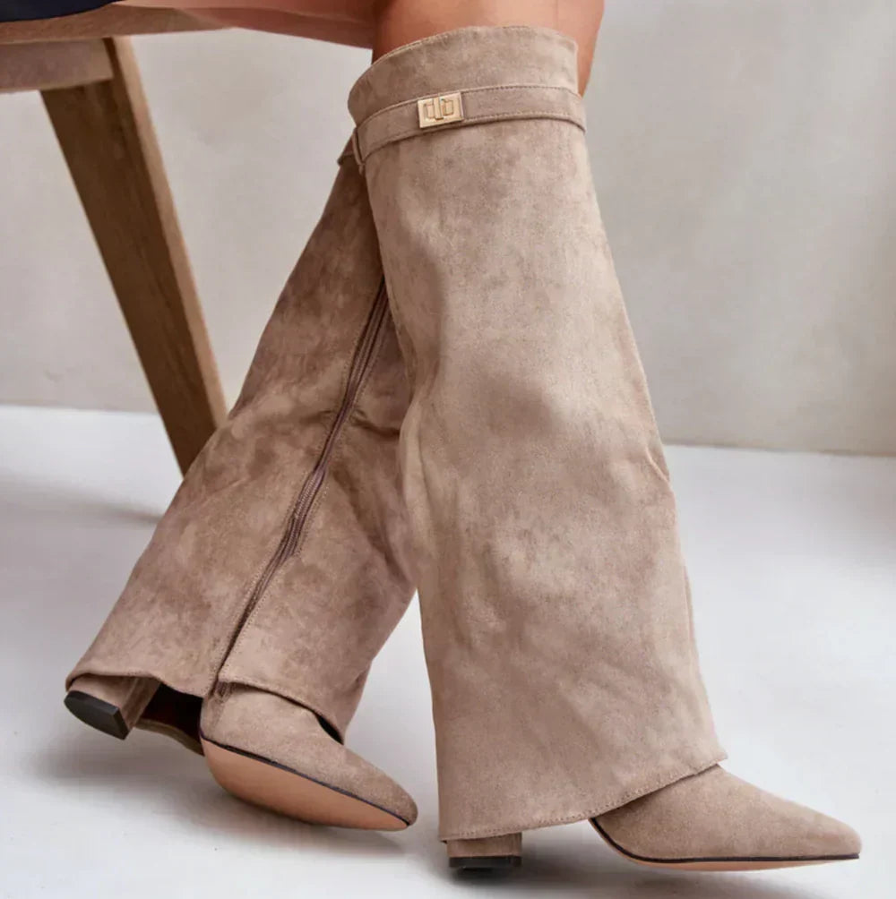 Suedora high suede boots in light brown, worn seated view