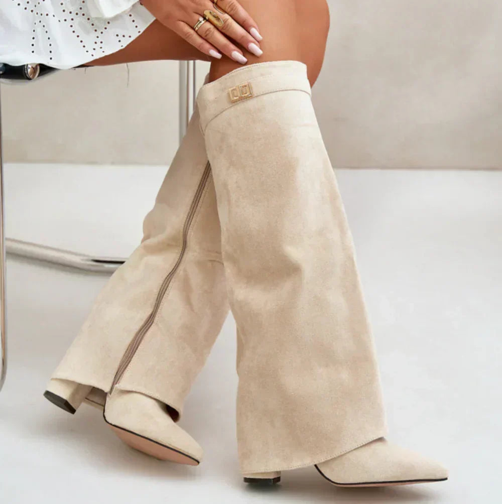 Suedora high suede boots in beige, worn seated side view