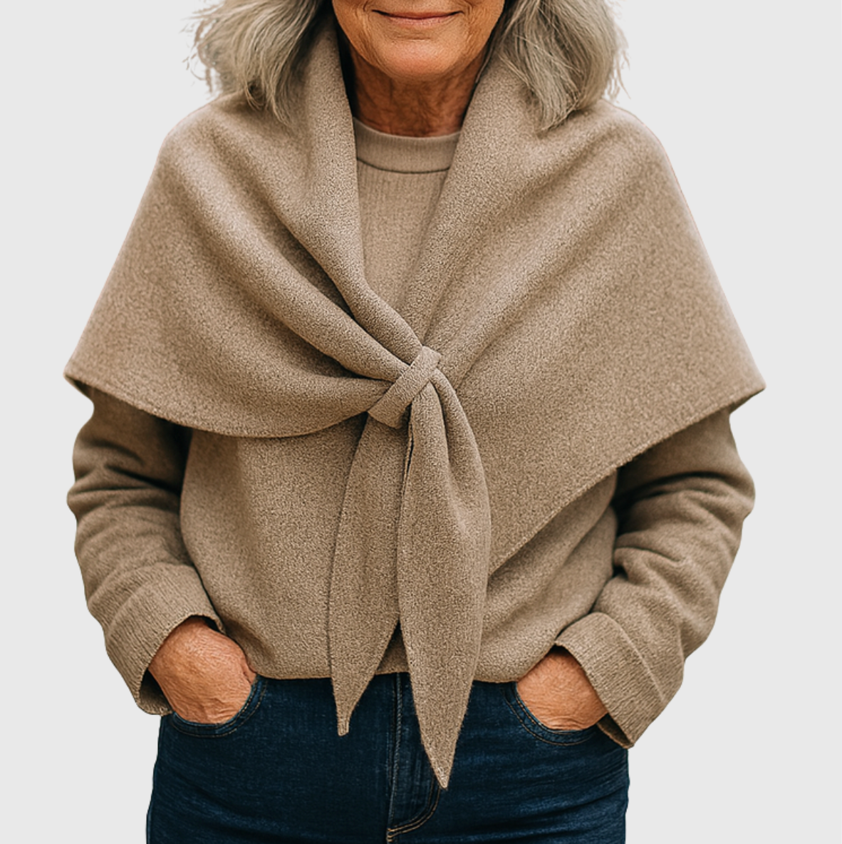 Averil knit shoulder scarf in beige, front-tie view worn over a jumper