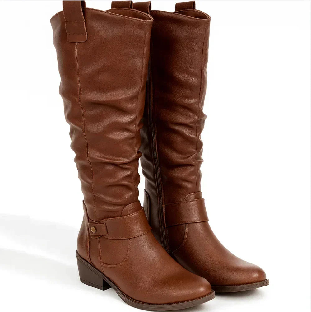 Novalyn tall boots in brown leather finish, angled front view