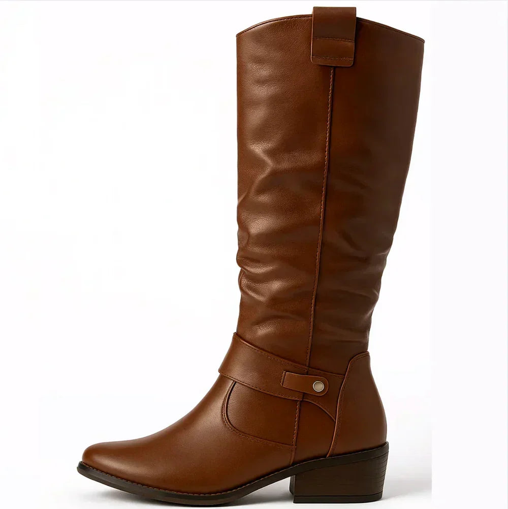 Novalyn tall boot in brown leather finish, side profile view