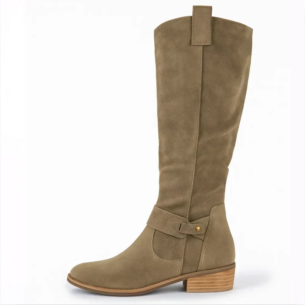 Novalyn tall boot in green, side profile view