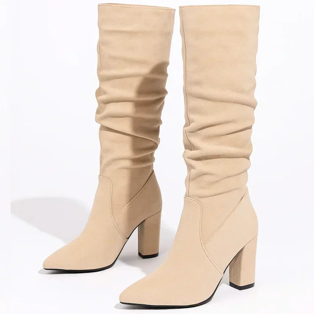 Lanora slouch knee-high boots in beige, angled pair view