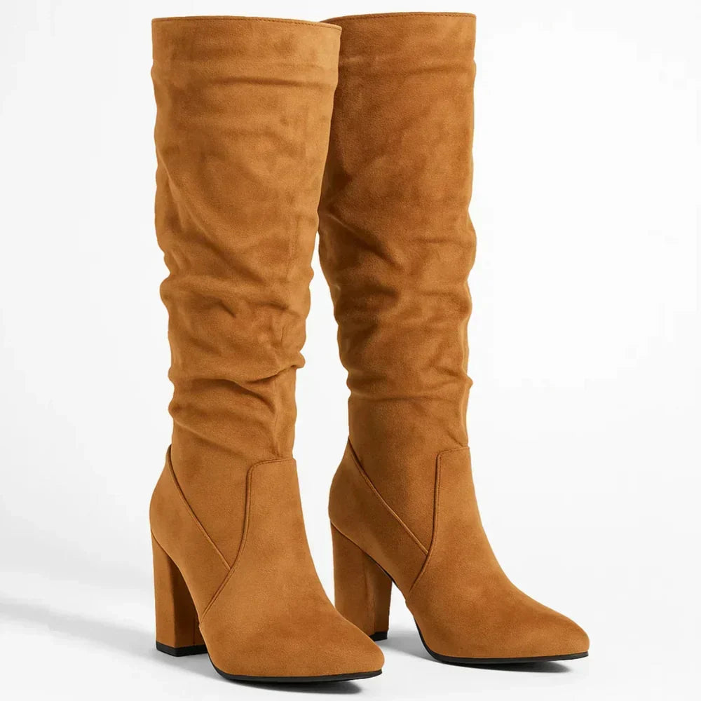 Lanora slouch knee-high boots in light brown, angled pair view