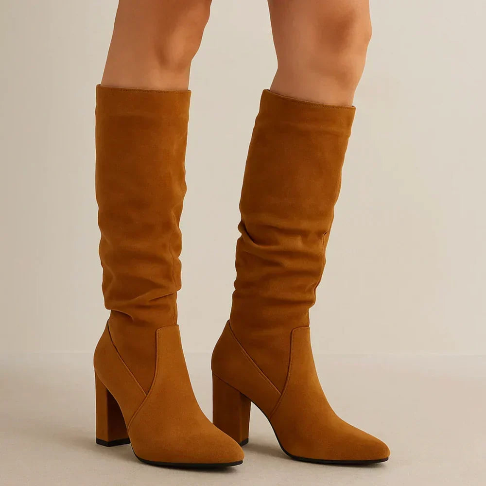 Lanora slouch knee-high boots in light brown, worn front view