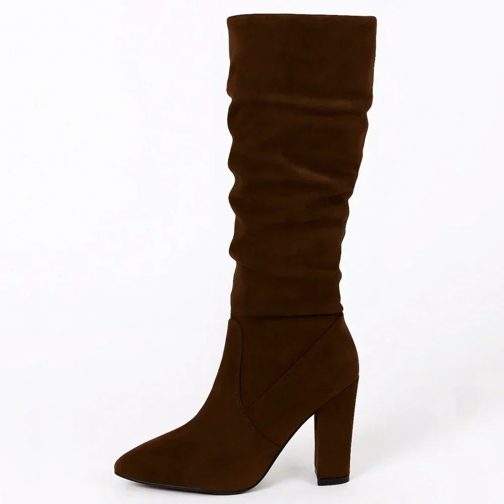 Lanora slouch knee-high boot in brown suede, side view