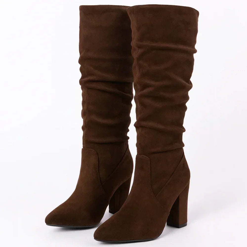 Lanora slouch knee-high boots in brown, angled pair view