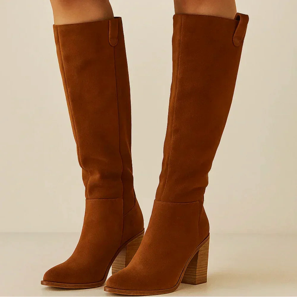 Suevira knee-high block heel boots in brown, worn front view