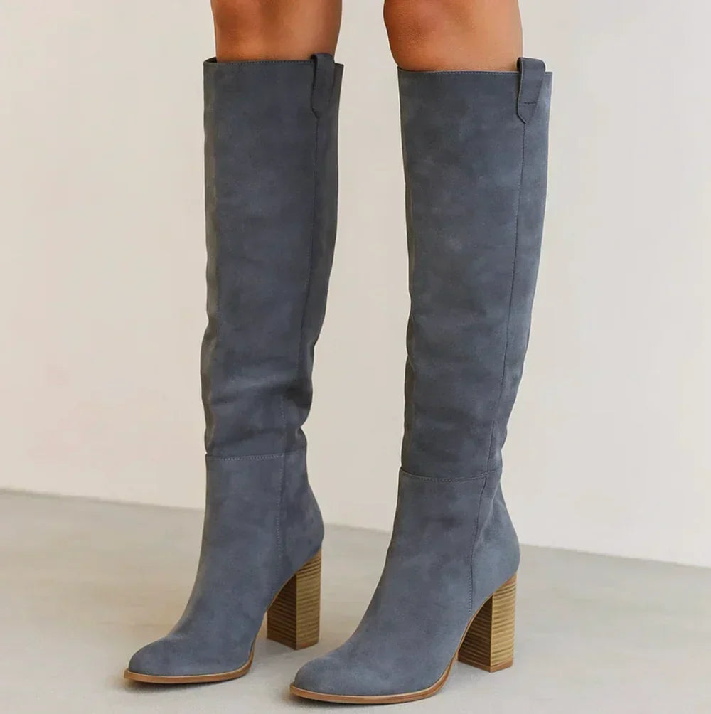 Suevira knee-high boots in blue-grey suede, worn front view