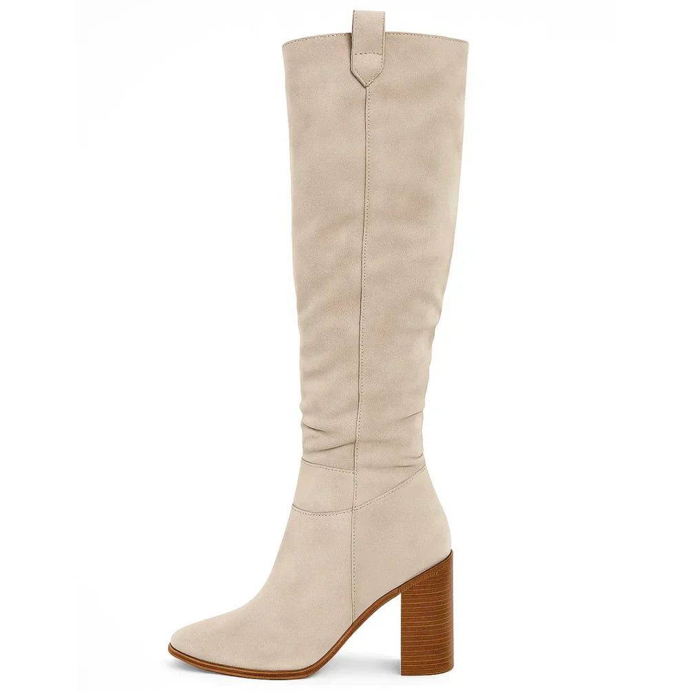 Suevira knee-high suede boots in cream, side view