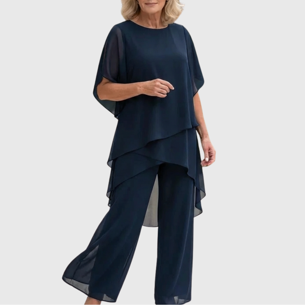 Elara elegant palazzo set in navy blue, full-length front view