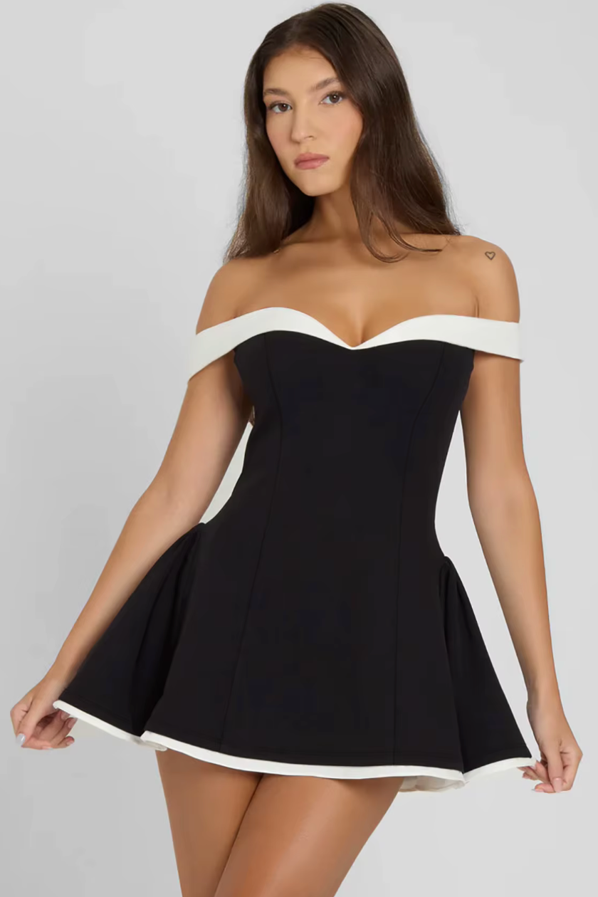 Gianna off-shoulder dress in black with white trim, front view