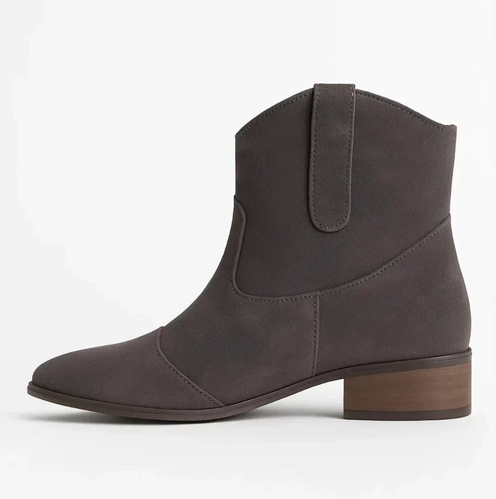Suedellea Western ankle boot in grey, side profile view