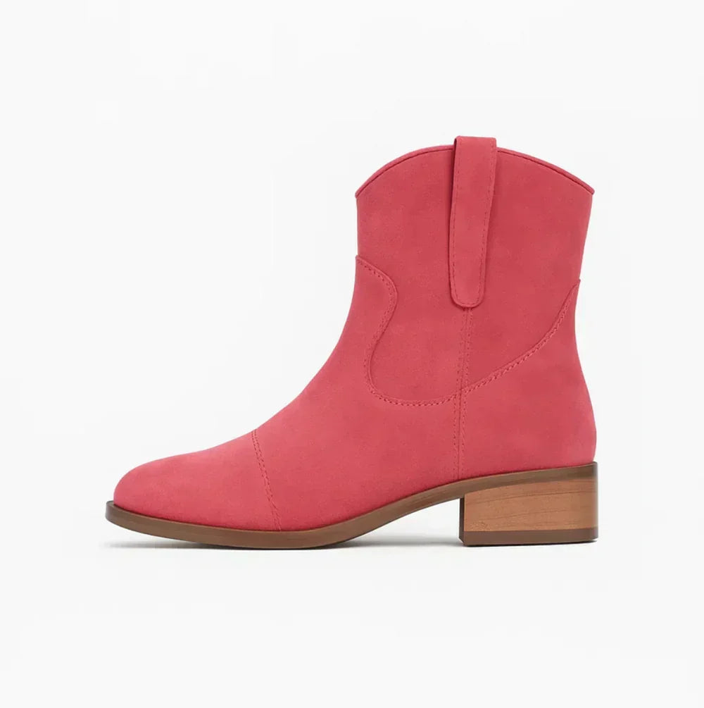 Suedellea Western ankle boot in pink, side profile view