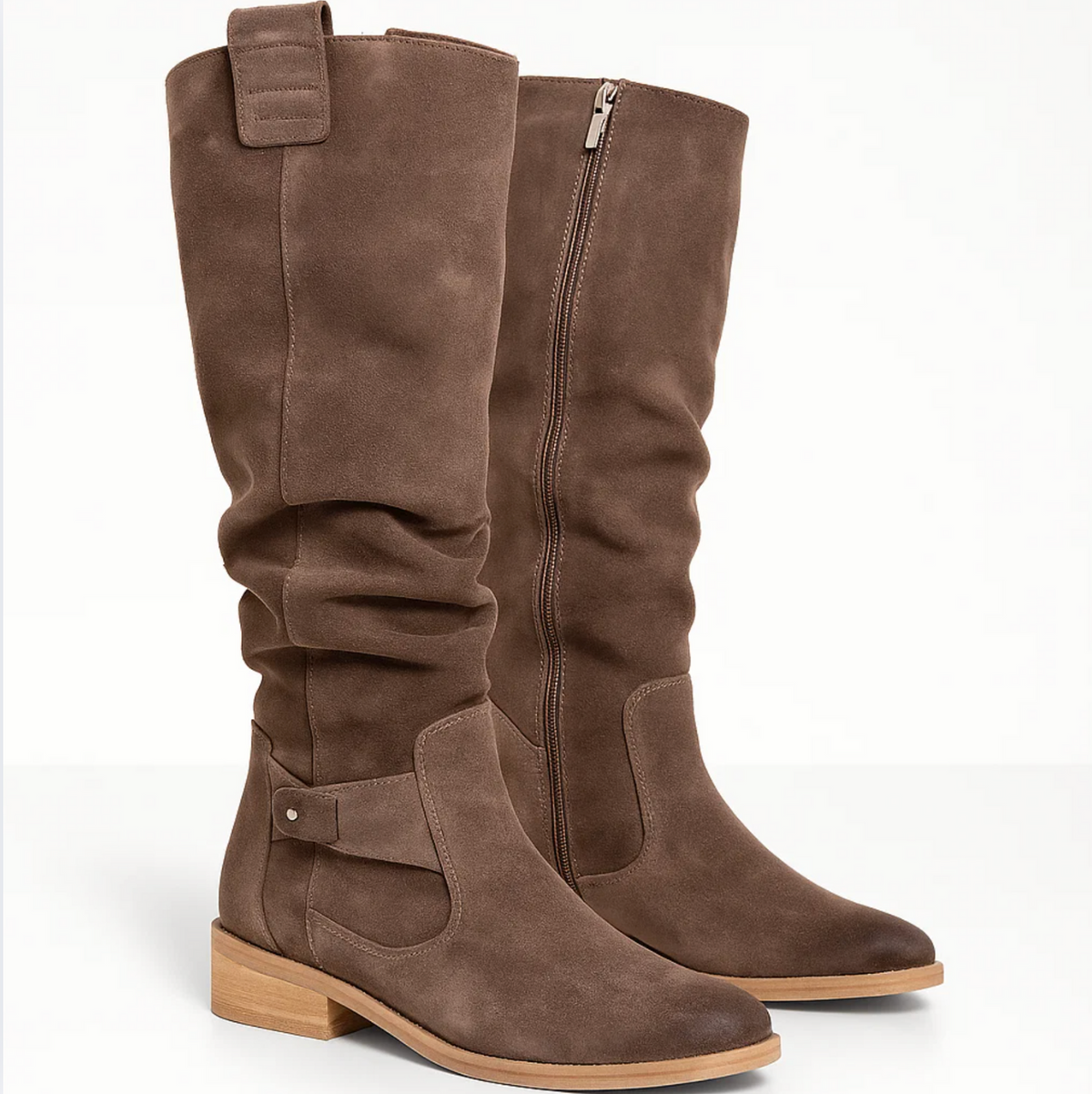 Coraline suede boots in dark brown, pair with side zip visible