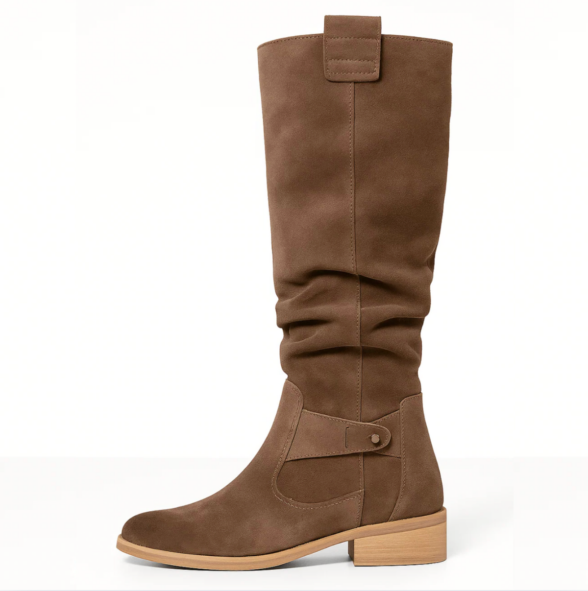 Coraline tall suede boots in brown, side view