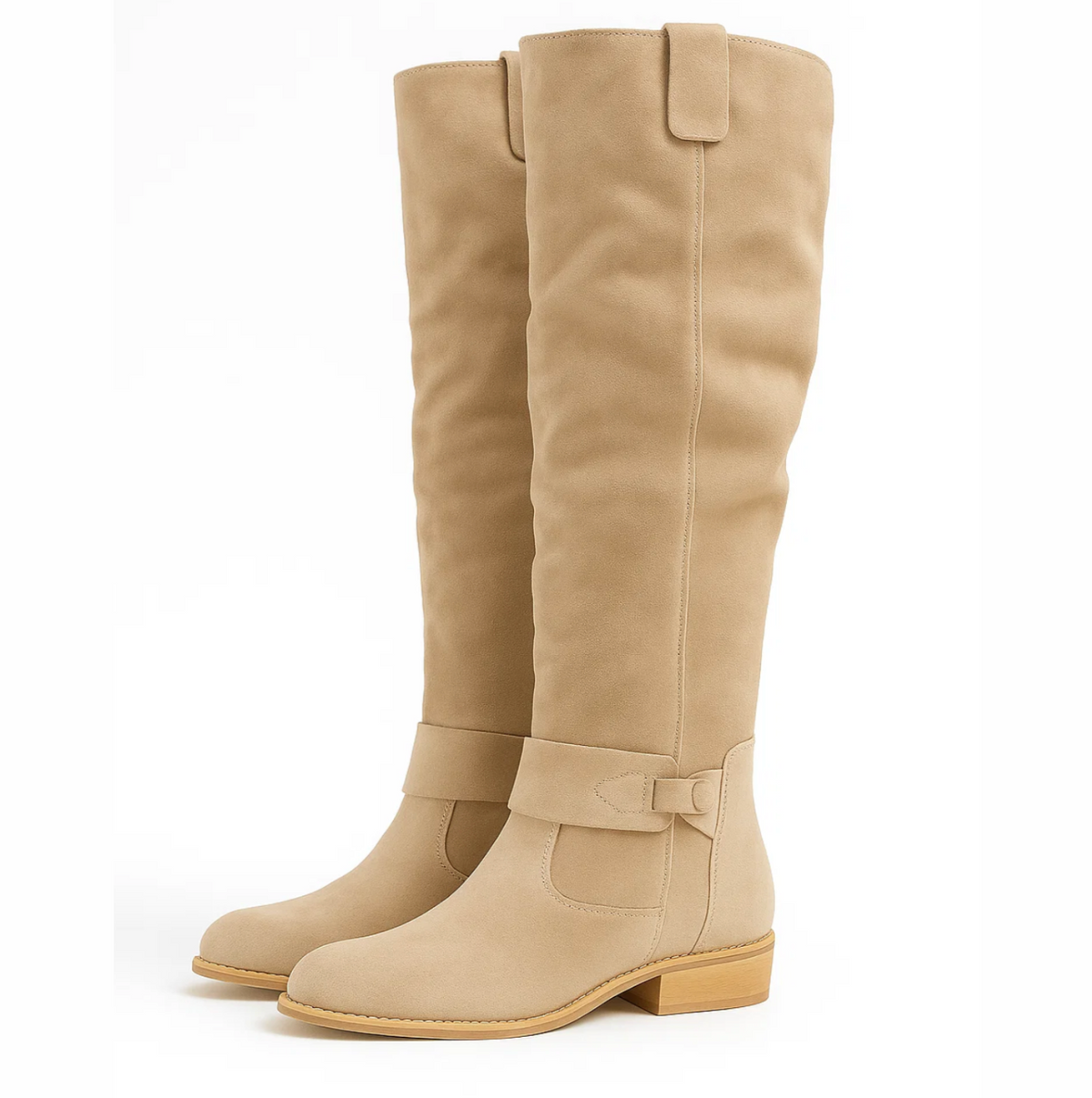 Coraline tall suede boots in beige, angled pair view