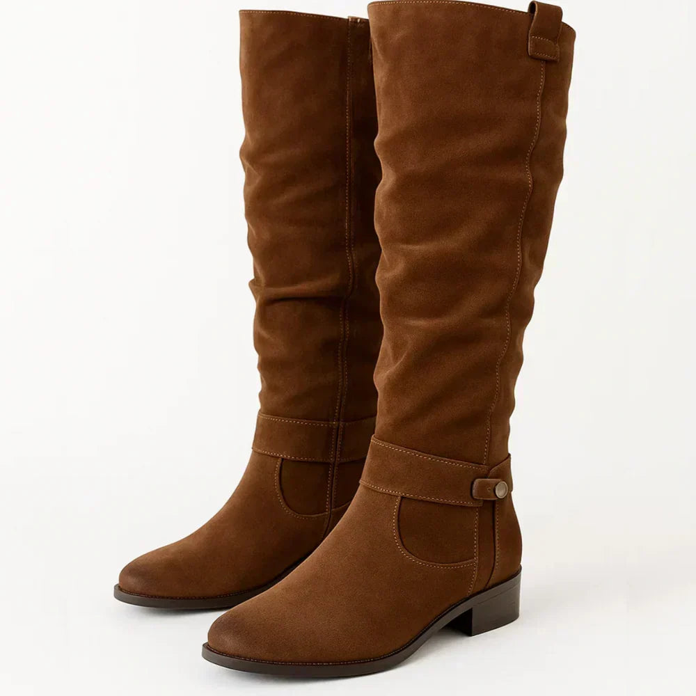 Novalyn tall boots in brown, angled front view