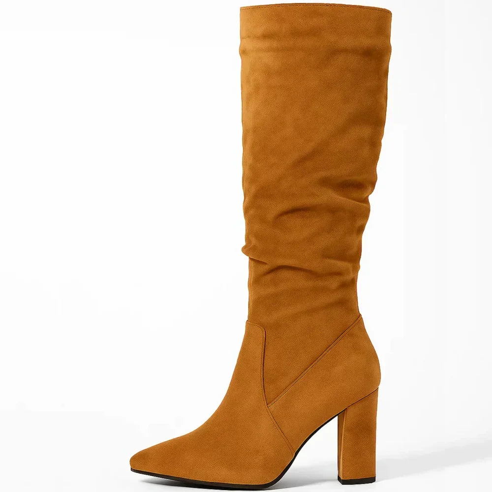 Lanora slouch knee-high boot in light brown suede, side view