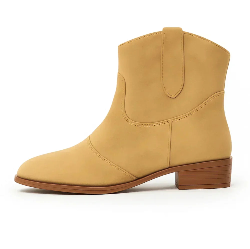 Suedellea Western ankle boot in camel, side profile view