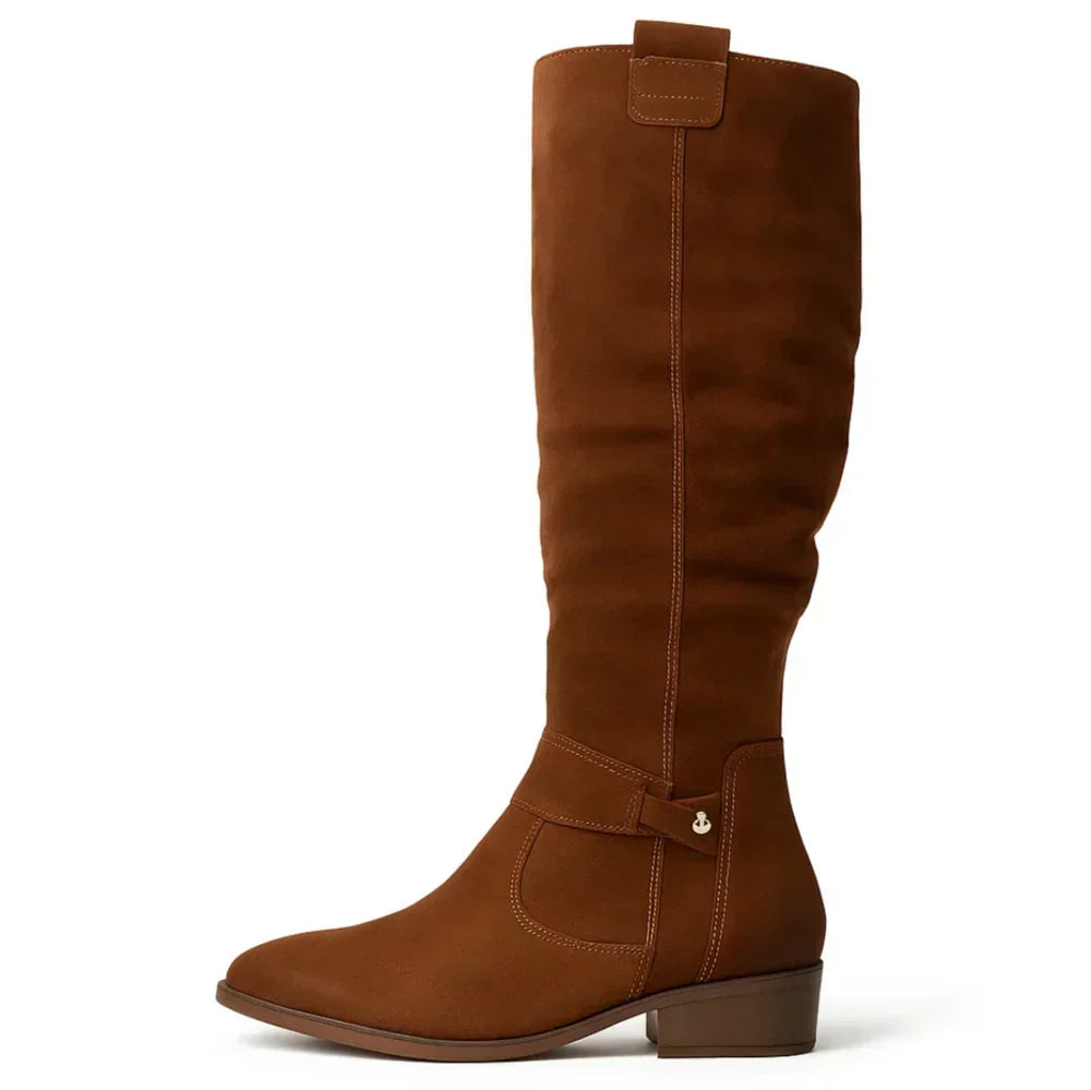 Novalyn tall boot in brown, side profile view