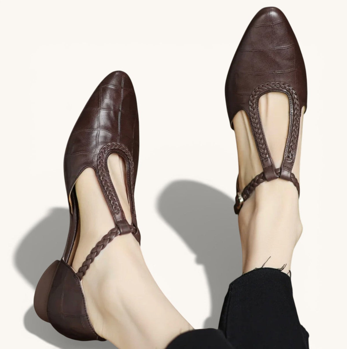 Evelyn classic Mary Janes in brown, close view of plaited T-bar straps