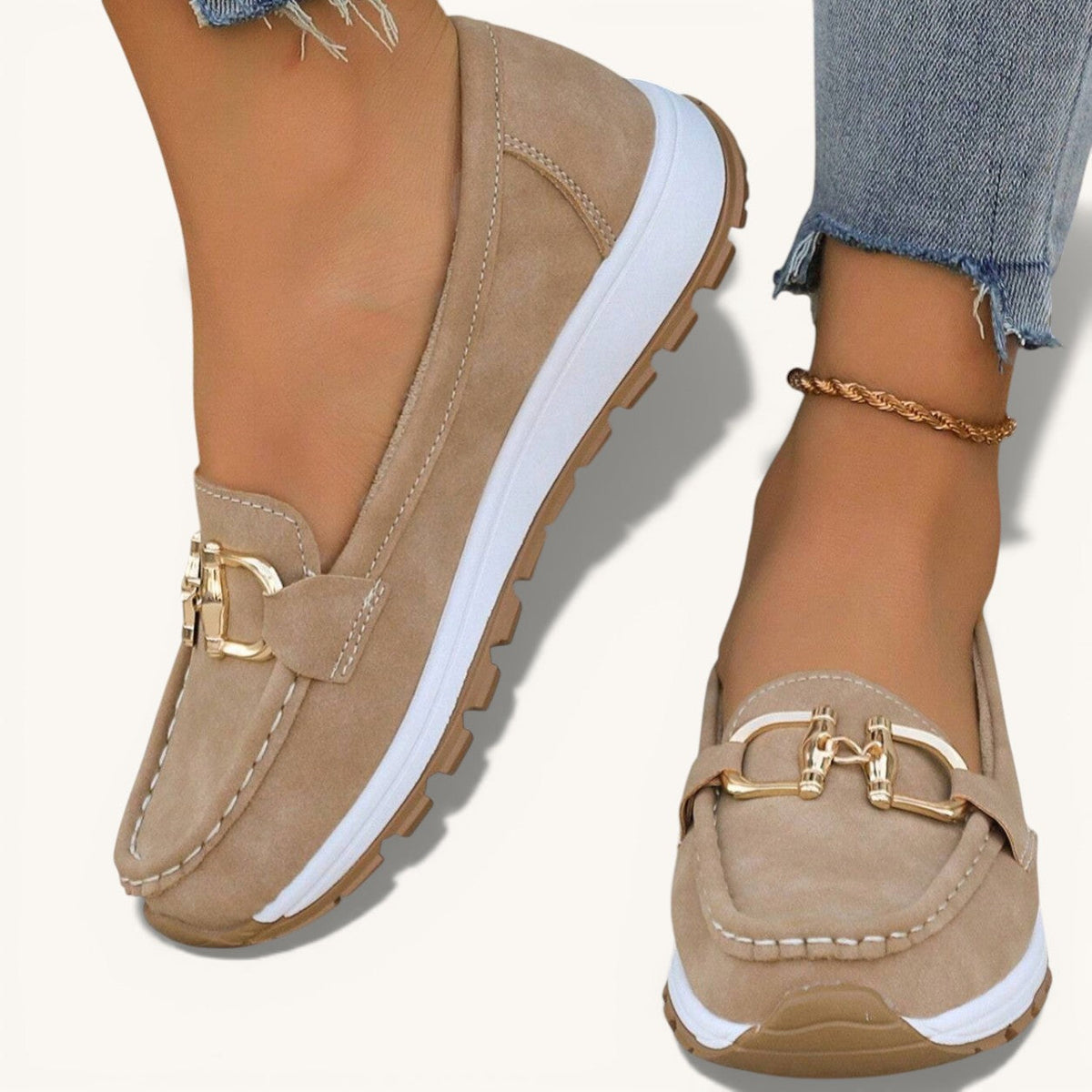 Juliet flat buckle loafers in khaki, close-up side view