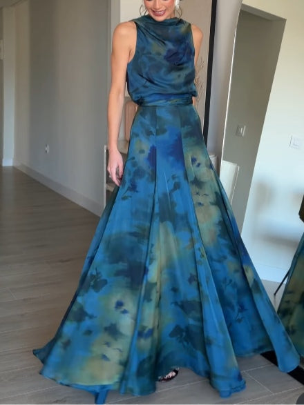 Sienna tie-dye chiffon top and skirt set in blue, full-length front view