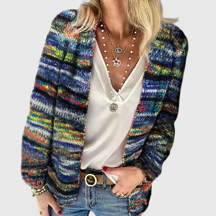 Fianna multicoloured knit cardigan in blue, front view worn with jeans