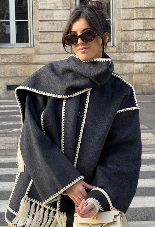 Zyra fringed scarf jacket in charcoal grey, close view of scarf and tassels