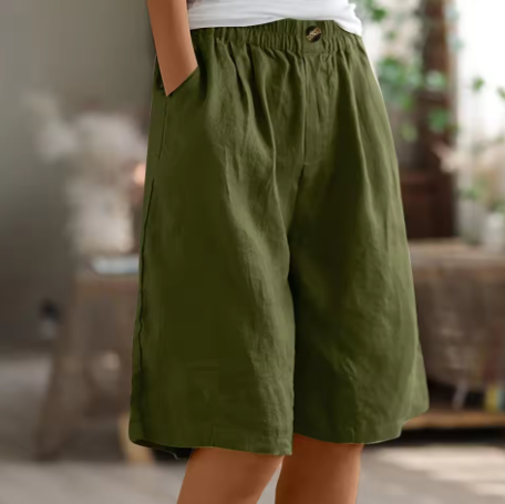 Diane comfort shorts in army green, front view on model