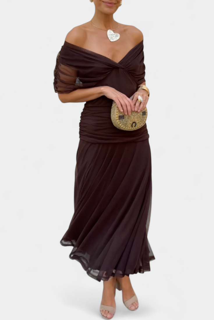 Lowenna elegant draped dress in brown, full-length front view