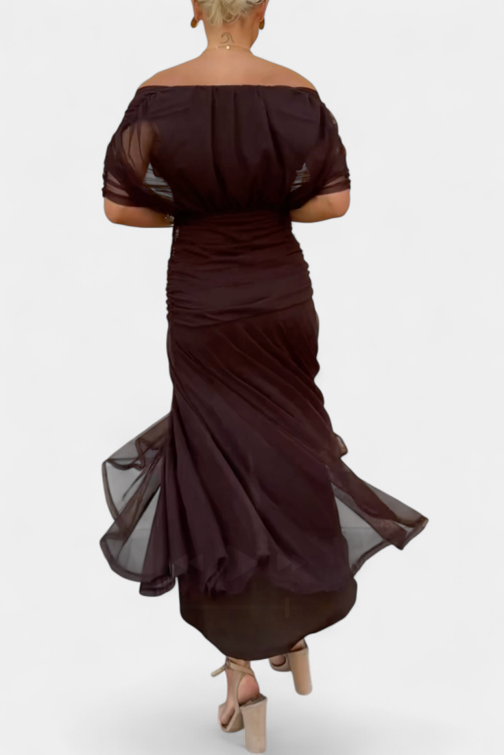 Lowenna off-shoulder dress in brown, back view with flowing skirt