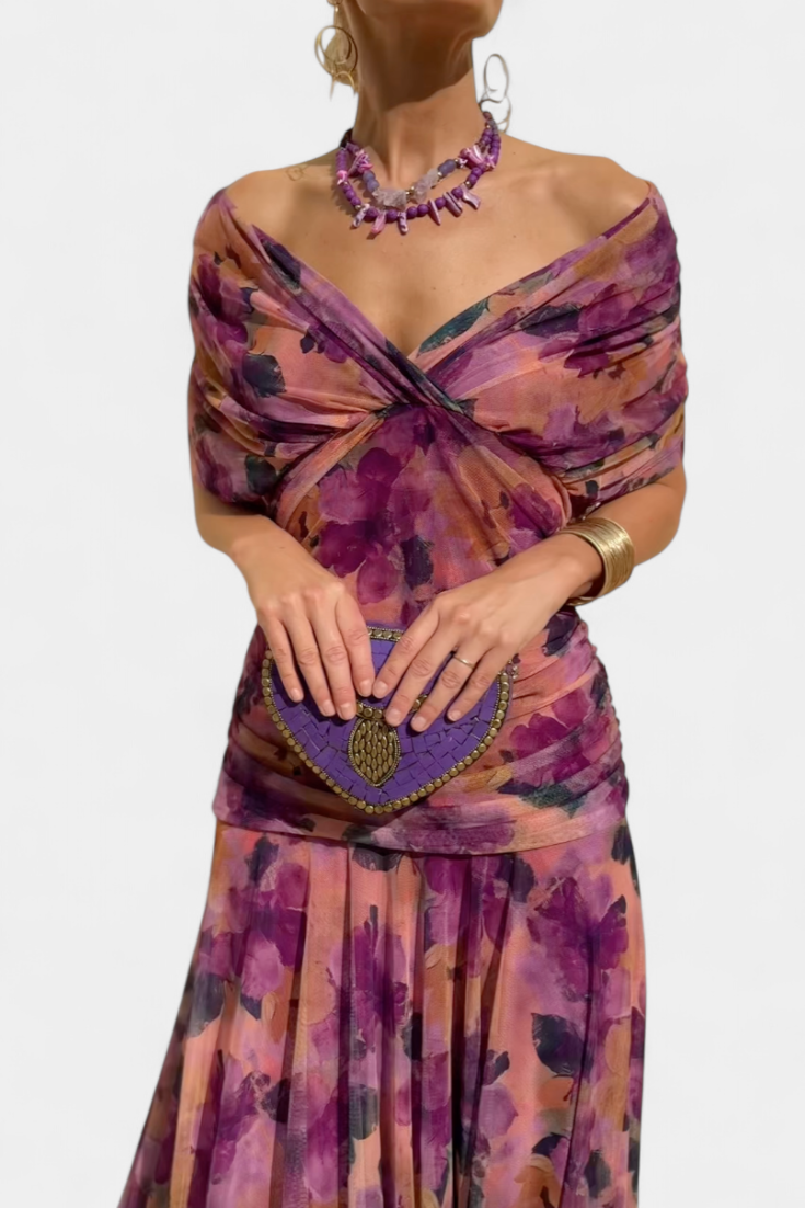 Florendra long floral dress in purple, draped neckline detail