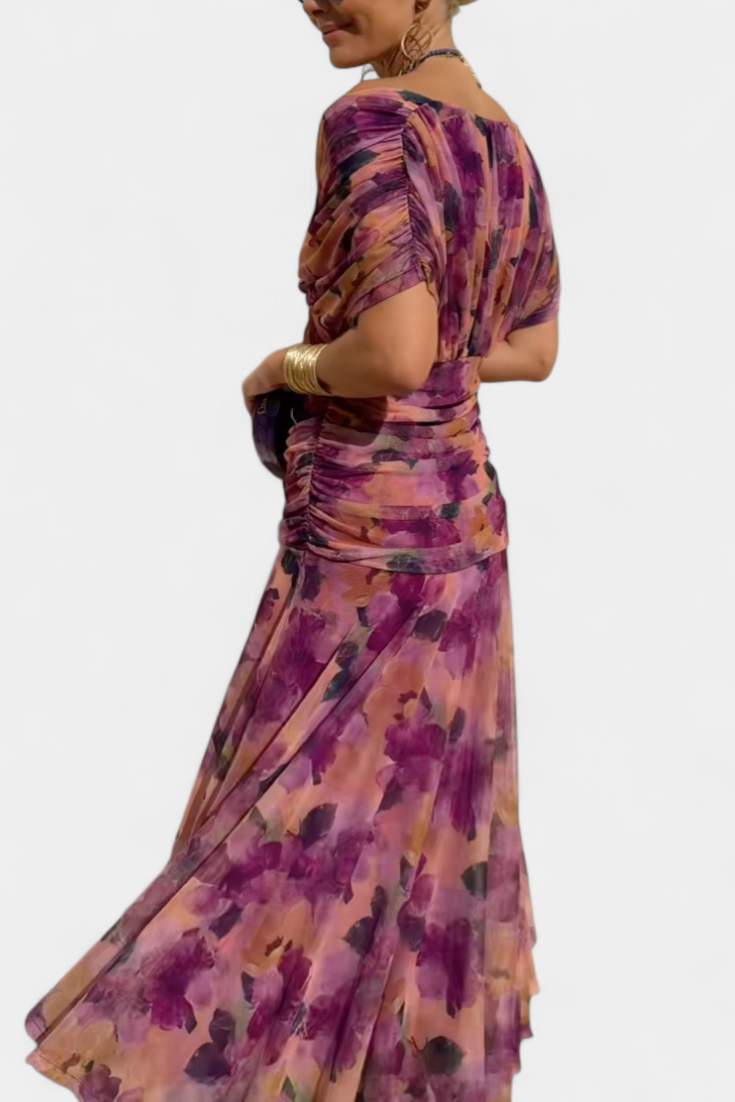 Florendra long floral dress in purple, back and side view