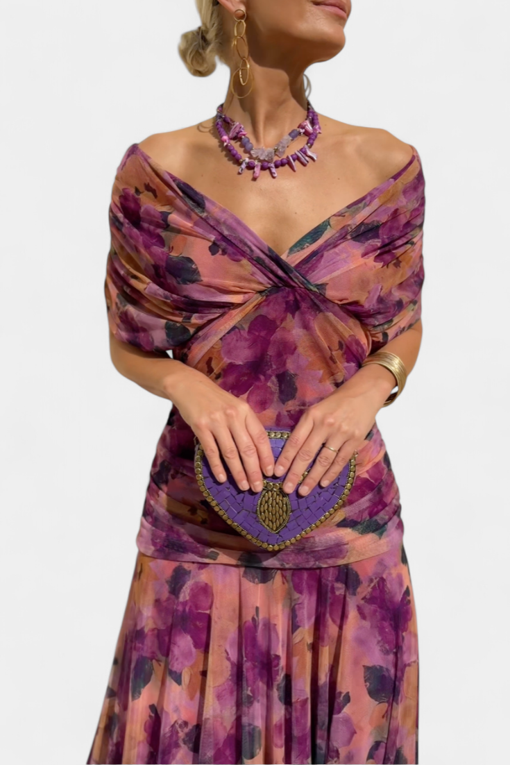 Florendra long floral dress in purple, front bodice and waist view