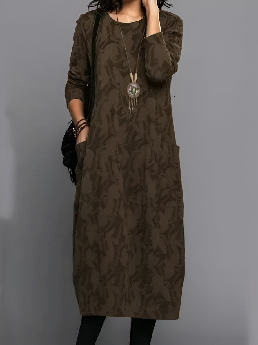 Edith textured midi dress in brown, full-length front view