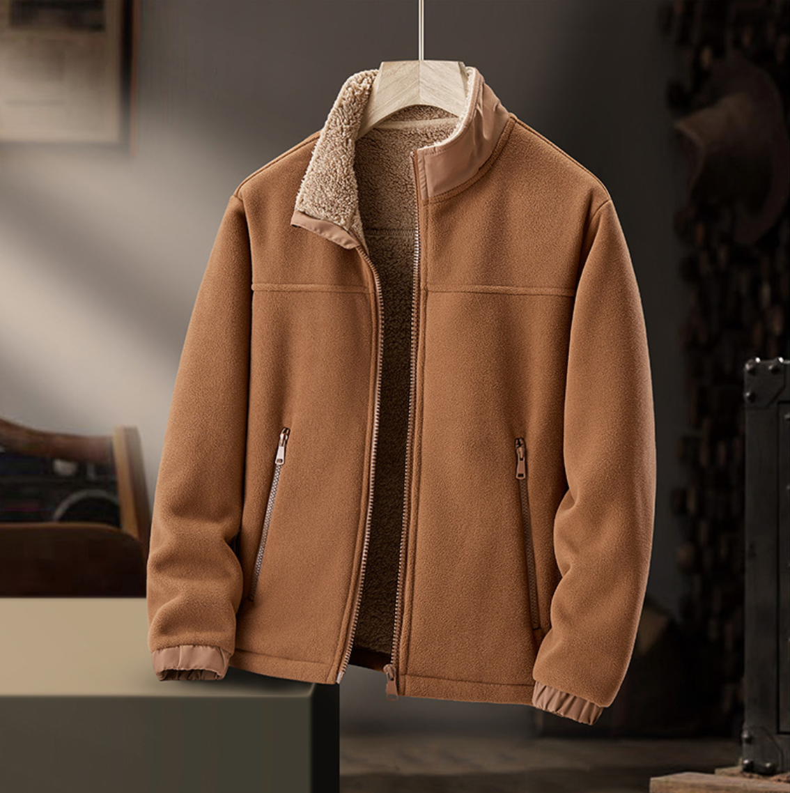 Gail plush-collar zip jacket in brown, front view on a hanger