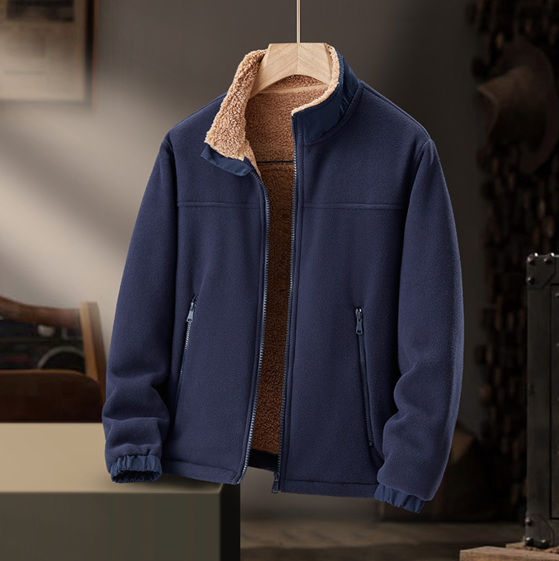 Gail plush-collar zip jacket in navy, front view showing plush collar