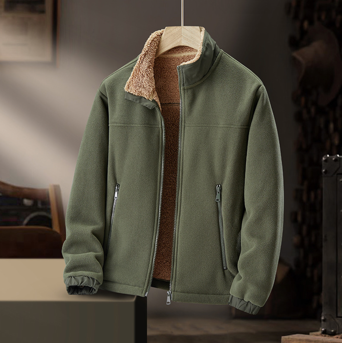Gail plush-collar zip jacket in military green, front view on a hanger