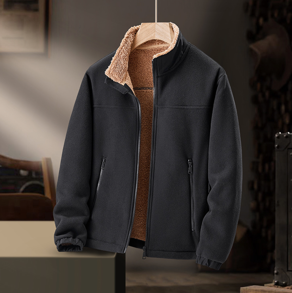 Gail plush-collar zip jacket in black, front view showing plush interior