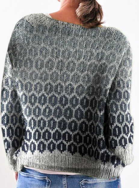Sanya knitted sweater in grey and charcoal, back view showing Nordic pattern