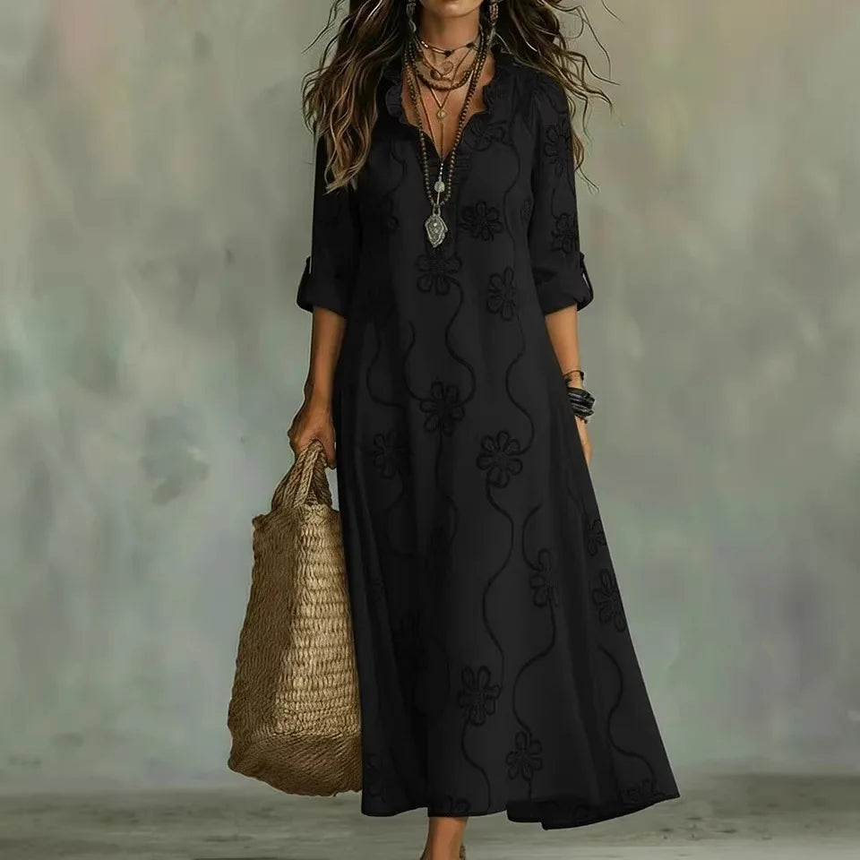 Ardyne embroidered maxi dress in black, full-length front view