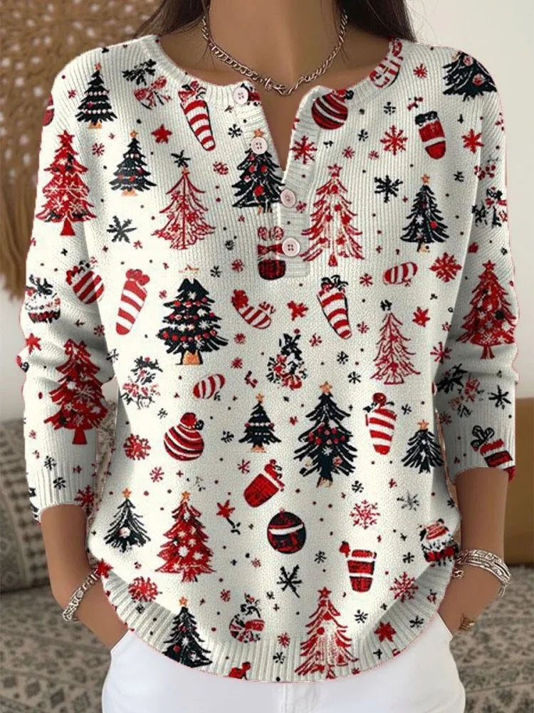 Anwen Christmas jumper in white with red and black tree print, front view