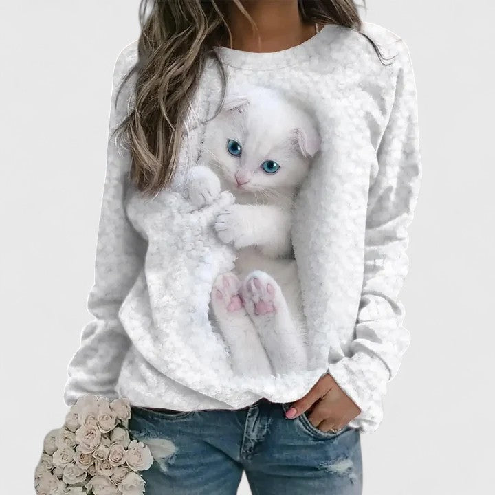 Kellie sweatshirt in white with white kitten print, front view