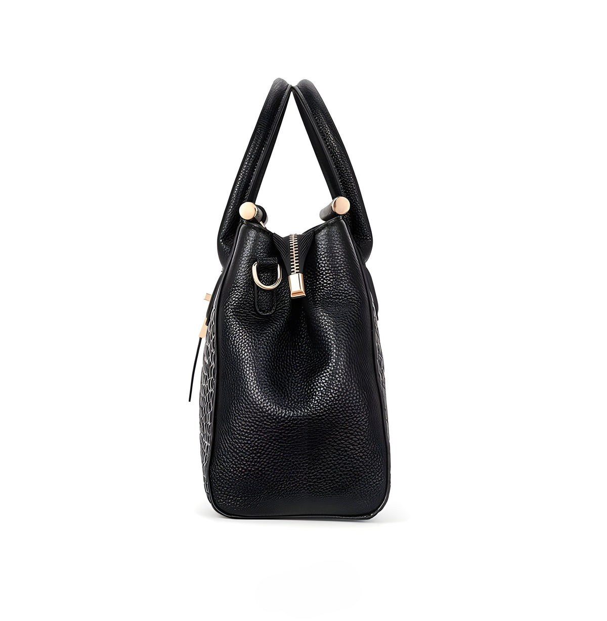 Aurelia croc handbag in black, side profile with zip detail